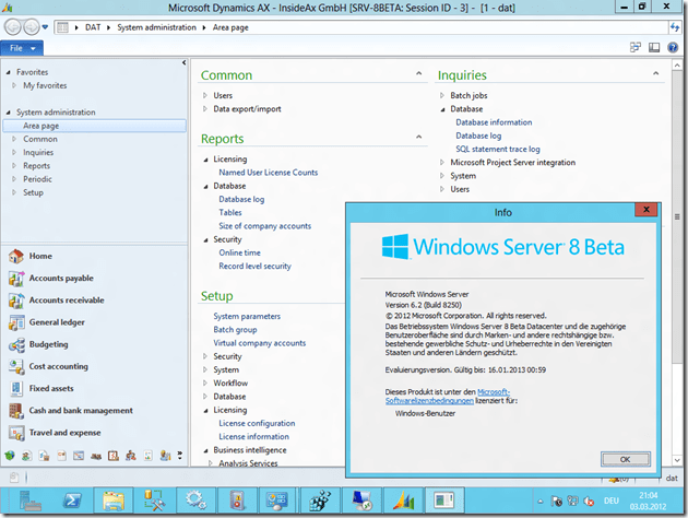 Dynamics AX 2012 on Server 8 Beta