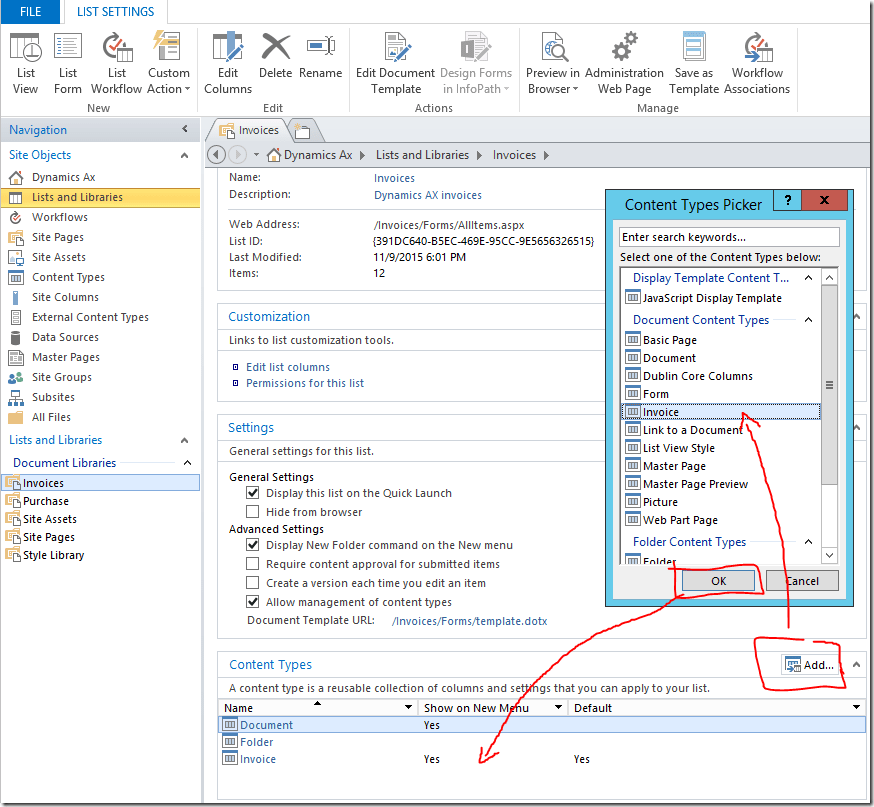 Add Invoice content type to library's managed content types