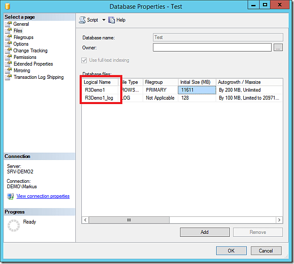 SQL Server database logical name