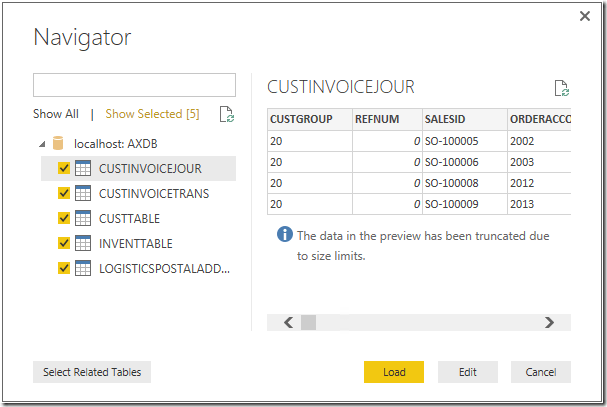 Select tables for Power BI