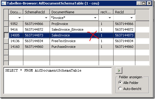 Delete the SalesInvoice record from the AIFDocumentSchemaTable