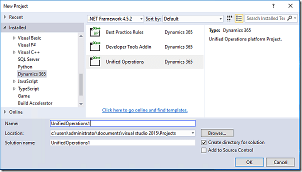 Create new Dynamics 365 FO project