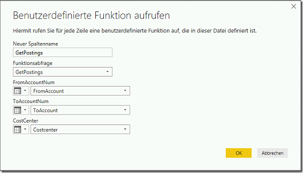Parameter values for used defined function