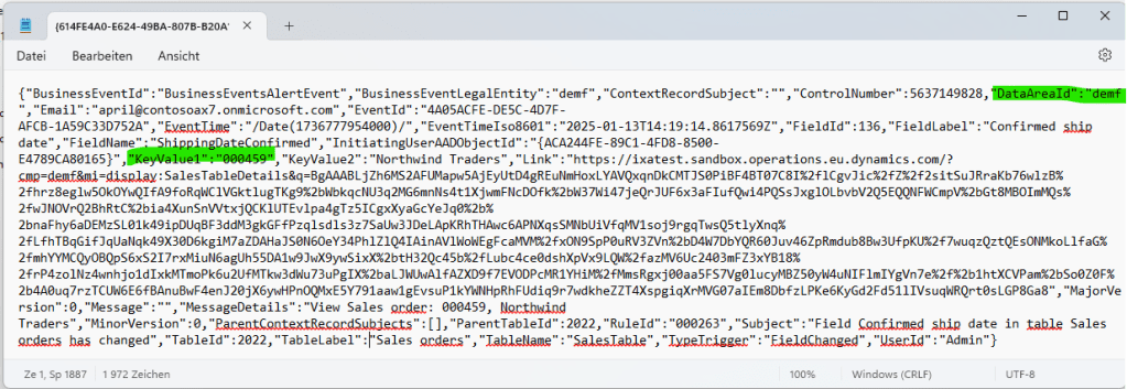 Business Event JSON text