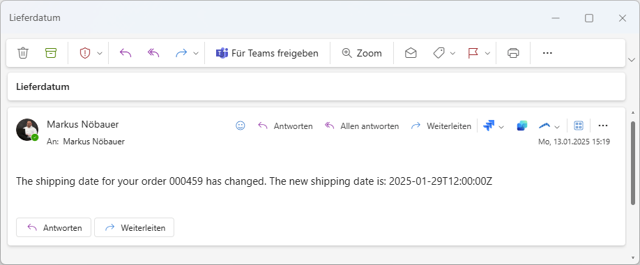 Email with the new shipping date