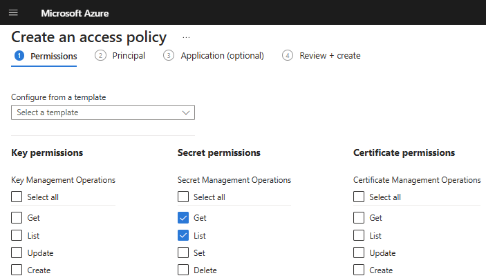 Assign List and Get secrets permissions to the service principal
