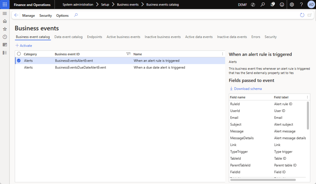 Business Events Catalog in Dynamics 365 Finance and Supply Chain Management