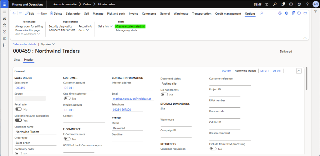 Create a change based alert for sales orders in Dynamics 365 Finance Supply Chain Management